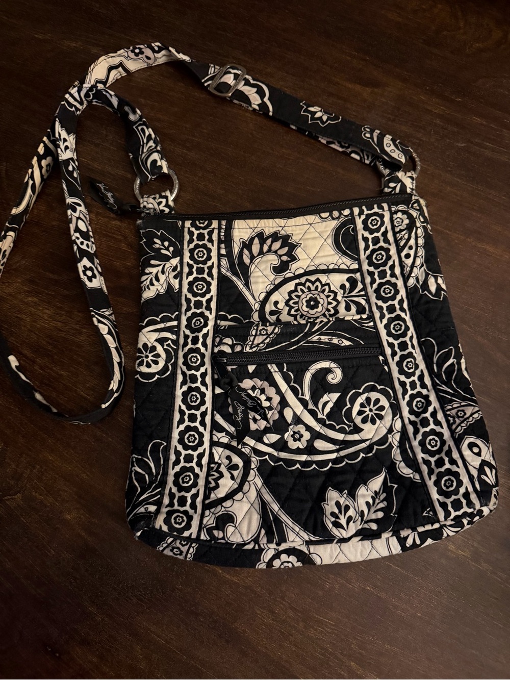 Vera Bradley Night & Day Crossbody Bag Black White Paisley Quilted Cotton